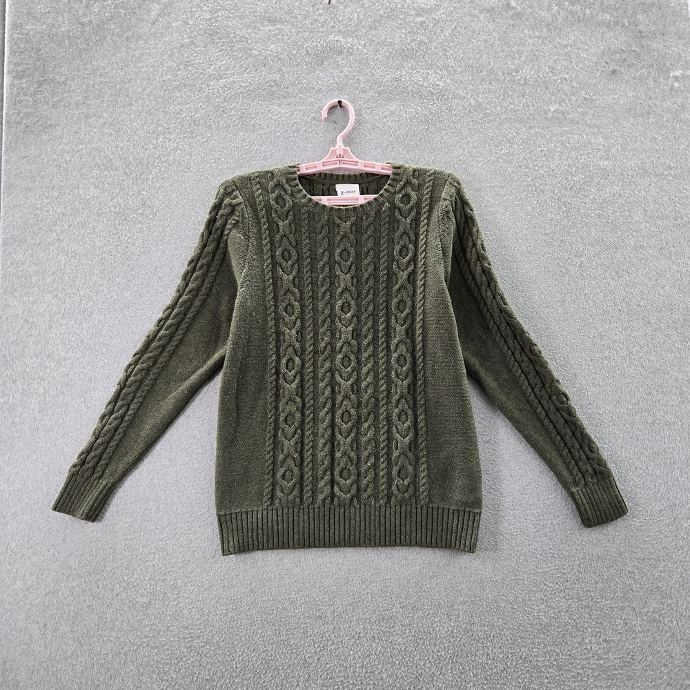 LL Bean Men Women M Green Cable Knit Sweater Long Sleeve Fisherman Pullover‎